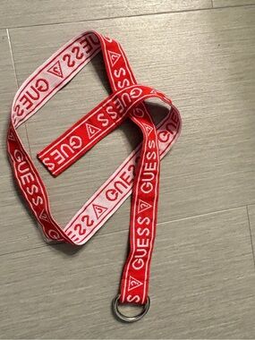 Guess Red and White Logo Webbing Belt with Double Ring